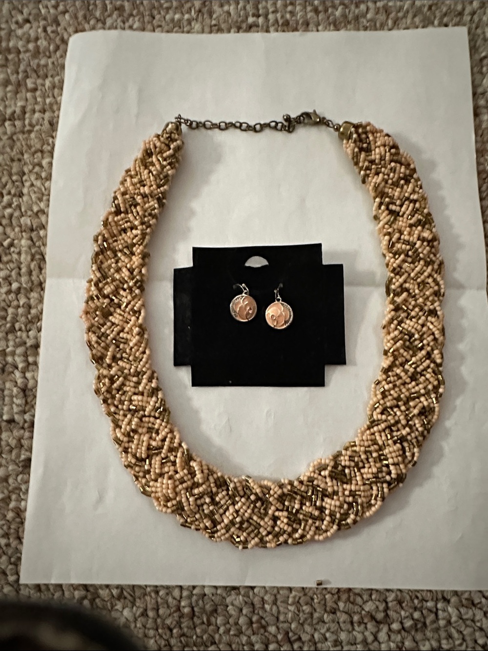 Gold Peach Beaded Braided Necklace with peach Matching Earrings
